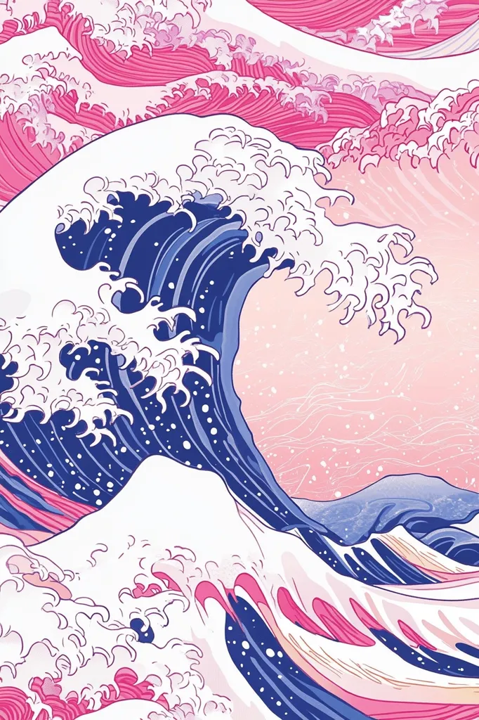 A stylized rendition of the Great Wave off Kanagawa, rendered in a pastel color palette.  Pink and white waves dominate the composition, contrasting with a deep blue-purple central wave.  The image uses clean lines and a simplified design, creating a visually appealing and modern interpretation of the classic artwork.  Small white dots are scattered across the background, suggesting a gentle spray or mist.