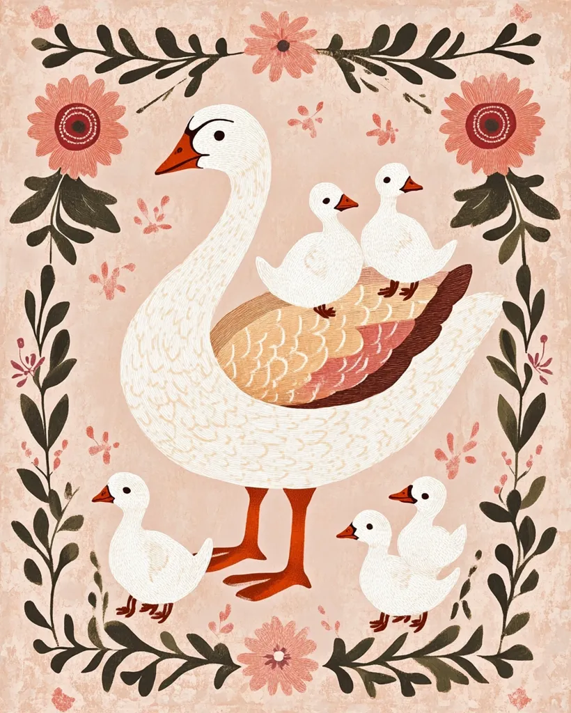 A mother goose, adorned with peach and beige feathers, proudly carries two goslings on her back.  Two more goslings stand at her feet, creating a heartwarming scene. The family is nestled within a delicate floral frame featuring pink flowers and dark green foliage on a soft pink background, giving the artwork a vintage feel.  The illustration is rendered in a stylized, folk art manner.