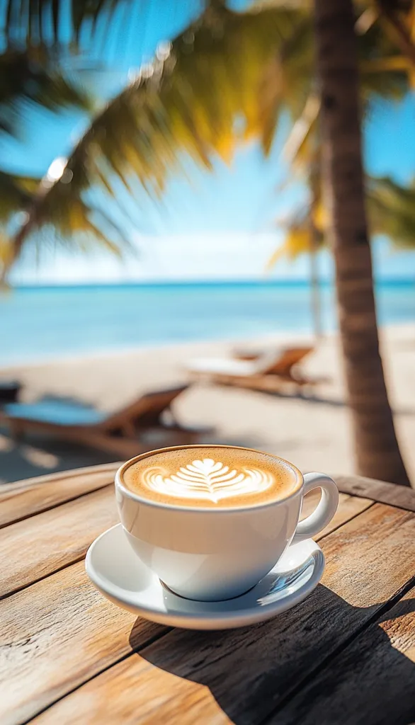 A cup of latte art coffee sits on a wooden table overlooking a tranquil beach scene.  Palm trees sway gently in the background, and beach chairs are visible in the soft sand.  The sun shines brightly, creating a relaxing and idyllic tropical setting perfect for enjoying a warm beverage. The focus is sharply on the coffee, highlighting its creamy texture and leaf design.