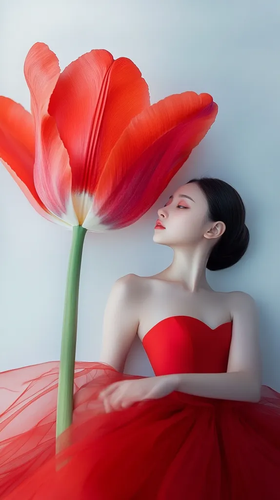 A young woman with dark hair styled in a bun lies against a light background. She wears a strapless red dress with a tulle skirt.  A giant red tulip leans over her, its stem beside her.  The image is styled with a soft, romantic aesthetic, emphasizing the vibrant red tones of the dress and flower. The overall feel is elegant and serene.