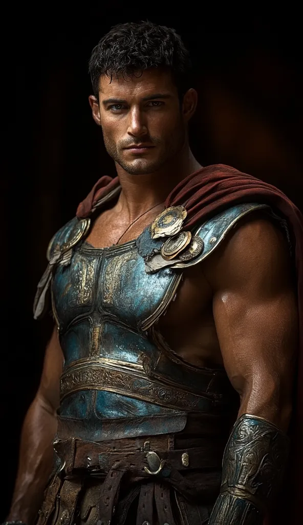 A muscular man, possibly a Roman centurion, is portrayed in a dramatic close-up. He wears ornate, battle-worn armor, a teal breastplate adorned with gold detailing, and a dark brown leather belt. A crimson cape drapes over his shoulders.  His intense gaze and defined features convey strength and resolve against a dark background.  The image suggests a warrior or historical figure.