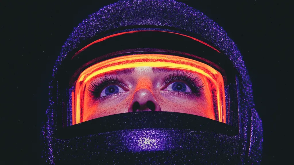 Close-up of a person's face, partially obscured by a dark, glittery helmet or hood with a vibrant orange light illuminating the eyes and forehead. The eyes are wide, and the overall aesthetic is futuristic and slightly mysterious. The background is dark, enhancing the contrast of the neon lighting. The image evokes a sense of wonder and perhaps science fiction.