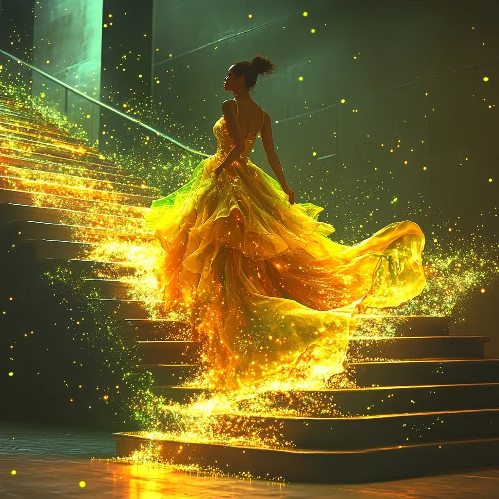 A woman in a flowing golden gown ascends a grand staircase.  The dress shimmers, trailing glittering particles that illuminate the steps like golden dust.  The scene is atmospheric and dreamlike, suggestive of magic or fantasy. The woman's silhouette is elegant against the dark background, enhancing the ethereal quality of the image.