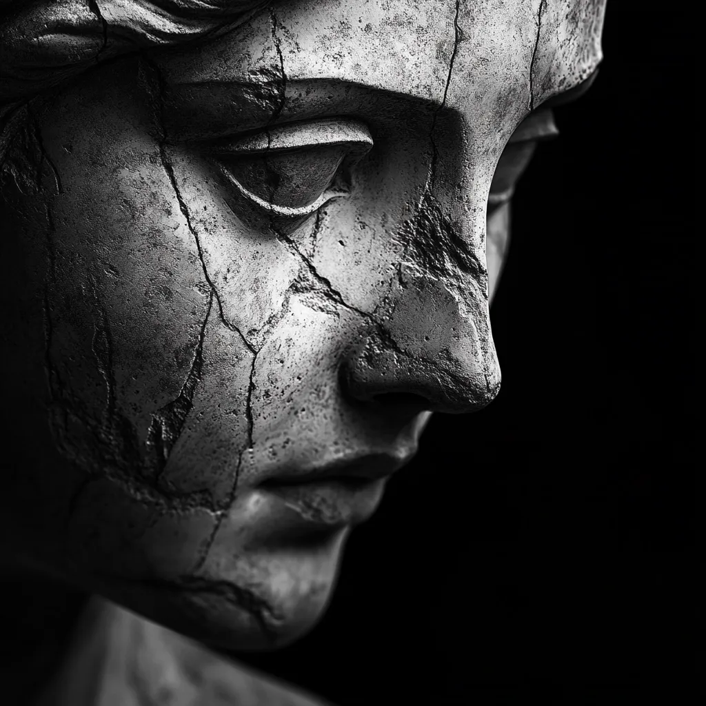 A close-up, black and white shot captures a weathered stone bust, possibly of a woman.  The sculpture's face is detailed, showing cracks and texture indicative of age and decay. The expression is one of pensive sadness or melancholy. The dark background isolates the figure, emphasizing its detail and emotional weight. The image evokes themes of time, loss, and the passage of history.