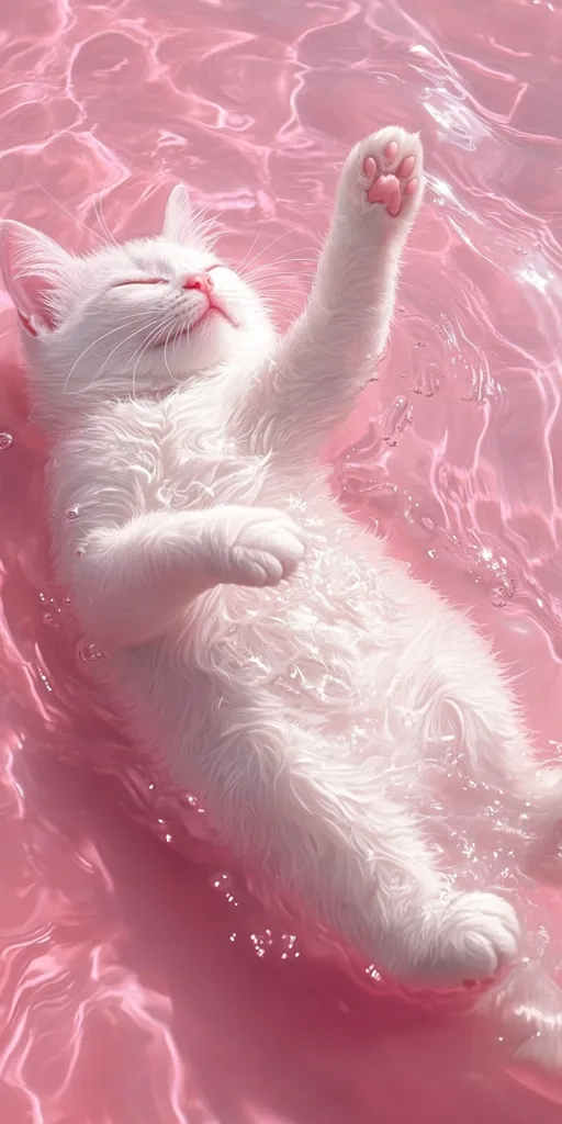 A fluffy white kitten floats serenely in a pool of pink water.  Its eyes are closed, appearing relaxed and content.  The pink water shimmers, reflecting light and creating a dreamy, whimsical atmosphere. The kitten's paws are visible, adding to the adorable image.  The overall aesthetic is soft, gentle, and aesthetically pleasing.