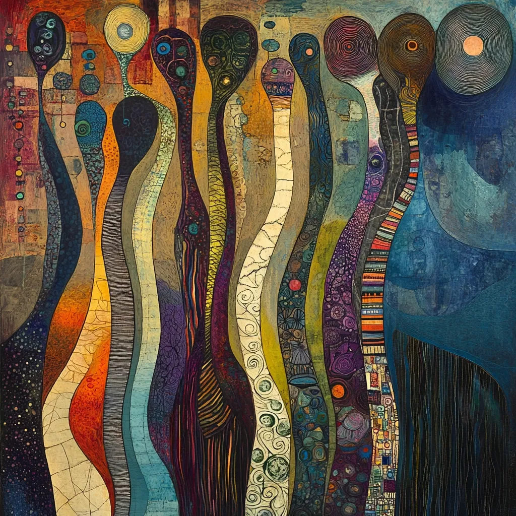An abstract painting features several vertical, organically shaped forms resembling stylized trees or figures.  Each form is richly textured and layered with intricate details in a diverse palette of earth tones, blues, and purples.  Circular and swirling motifs are incorporated throughout, suggesting movement and depth. The overall effect is one of mystical complexity and visual richness.