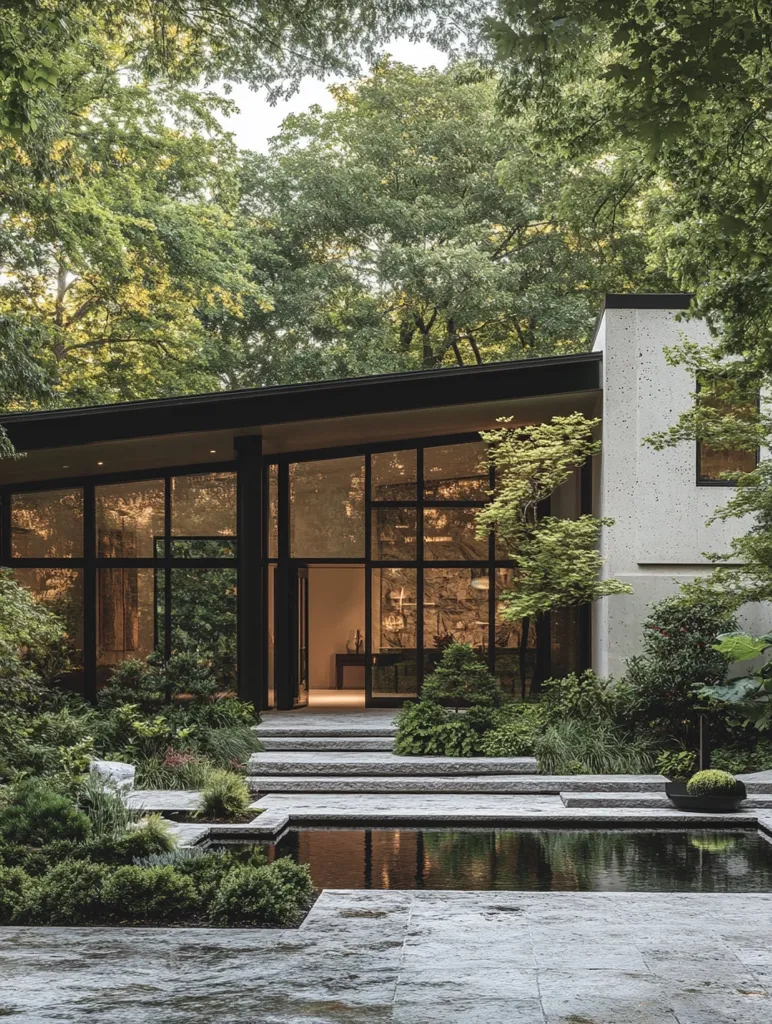 A modern, minimalist house nestled in a lush green forest.  Large windows showcase the interior, while a stone patio and reflecting pool create a serene outdoor space.  The architecture is clean-lined, with a flat roof and light-colored exterior walls that contrast beautifully with the surrounding nature.  Landscaping is meticulously designed, featuring carefully placed plants and a tranquil water feature.