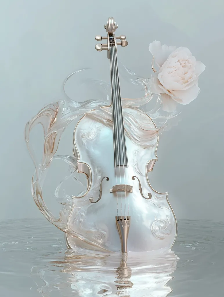 A white cello, seemingly made of pearl, is partially submerged in clear water.  Intricate carvings adorn its body.  A delicate, flowing, translucent wave-like form envelops the instrument, culminating in a single, pale pink peony. The scene evokes a sense of serenity and ethereal beauty.  The reflection of the cello is visible in the calm water.