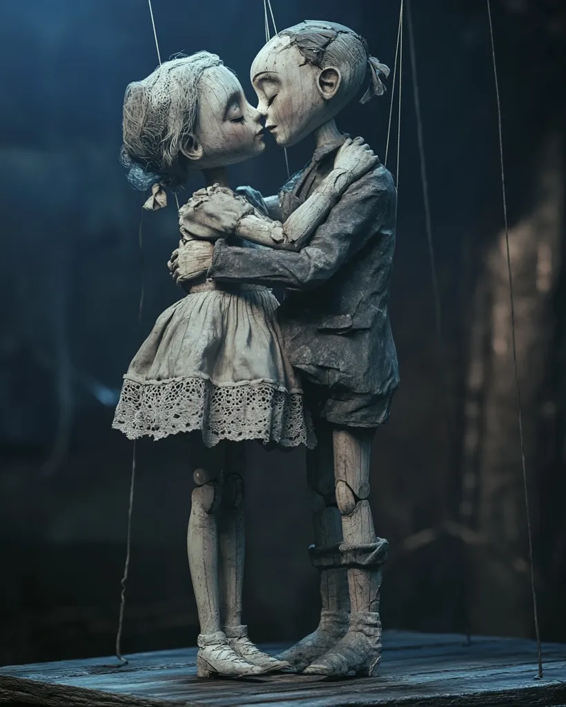 Two intricately carved marionette figures, a boy and a girl, are captured in a tender embrace, their faces inches apart as if sharing a kiss.  Suspended by strings against a dark, moody backdrop, the puppets' weathered appearance and detailed craftsmanship evoke a sense of antique charm and melancholic romance. Their wooden joints and aged paint create a striking visual contrast against the dimly lit background.