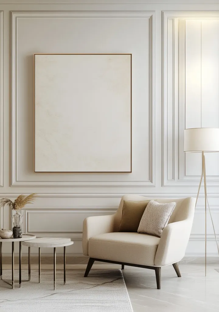 A beige armchair with two pillows sits on a light rug in a room with detailed white molding.  A large, off-white framed artwork hangs on the wall above it. Two small, round, metal-legged side tables are positioned to the left of the chair. A floor lamp stands in the corner, completing the elegant and minimalist room's design.
