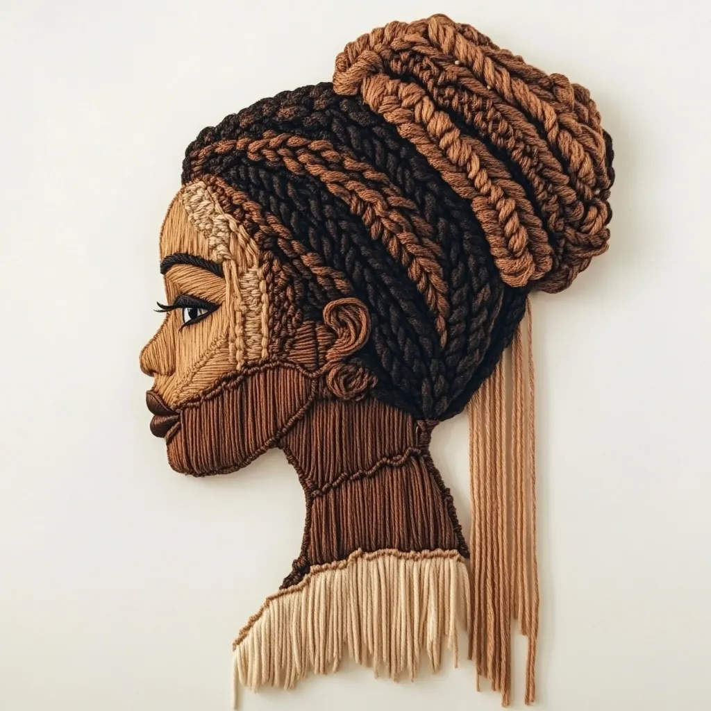 A stunning textile artwork depicts a woman's profile in shades of brown.  Her intricately braided hair is piled high, and her features are meticulously rendered in varying yarn textures.  The piece utilizes a layered technique, creating depth and shadow, and incorporates fringe details at the neckline. The overall effect is a striking and sophisticated portrait in thread.