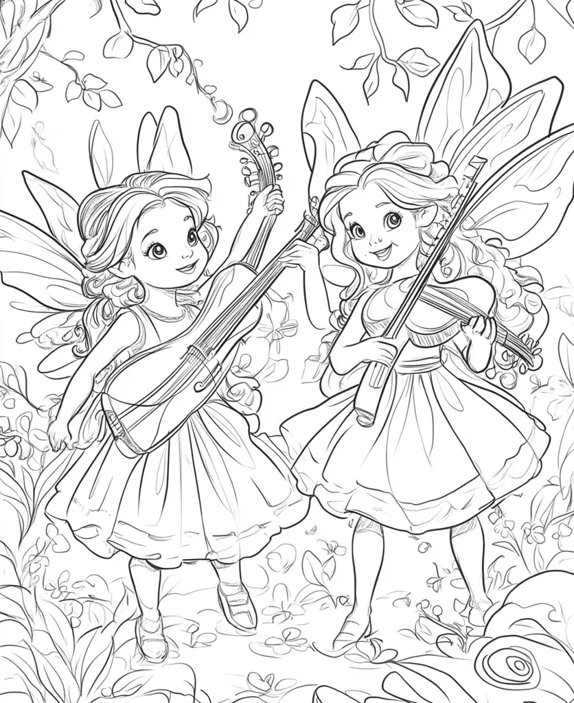 Two adorable fairies with large wings are joyfully playing musical instruments in a whimsical garden setting. One fairy plays a violin while the other strums a lute.  Delicate flowers and leafy branches surround them, creating a magical, enchanting scene perfect for coloring.  The fairies' expressions are bright and cheerful, showcasing their delight in their musical performance.