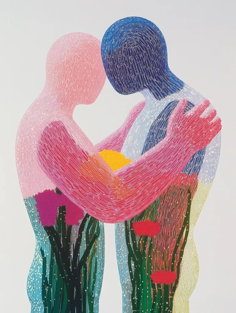 Two translucent figures embrace, their bodies interwoven with vibrant floral patterns in shades of pink, blue, and green.  The figures are rendered in a style reminiscent of pointillism, with countless tiny lines creating a textured, almost three-dimensional effect.  Their pose suggests intimacy and connection, their forms blending seamlessly. The overall aesthetic is one of gentle tenderness and organic unity.
