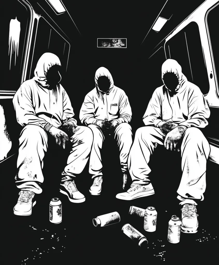 Three figures, cloaked in hooded coveralls, sit slumped on a subway car bench.  Their faces are obscured, and their postures suggest weariness or dejection.  Empty spray paint cans litter the floor around them, hinting at their possible activities. The stark black and white illustration creates a gritty, urban atmosphere.  The overall mood is one of anonymity and urban decay.