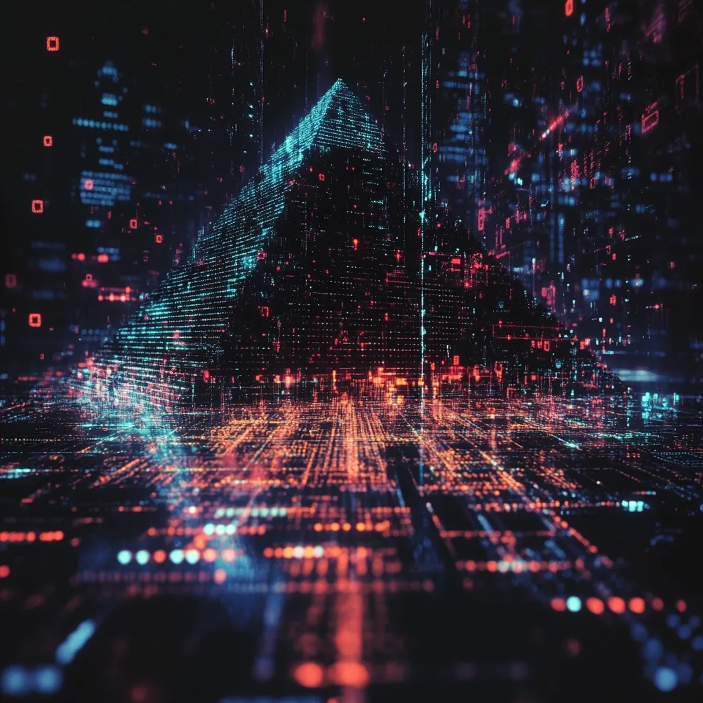 A digital pyramid rises from a sprawling, futuristic cityscape.  The structure and city are composed of glowing lines and data streams, primarily in shades of teal and orange, creating a vibrant, almost ethereal scene.  The overall effect suggests a complex system of information or a vast, interconnected network.  The dark background emphasizes the glowing digital elements, creating a striking visual.