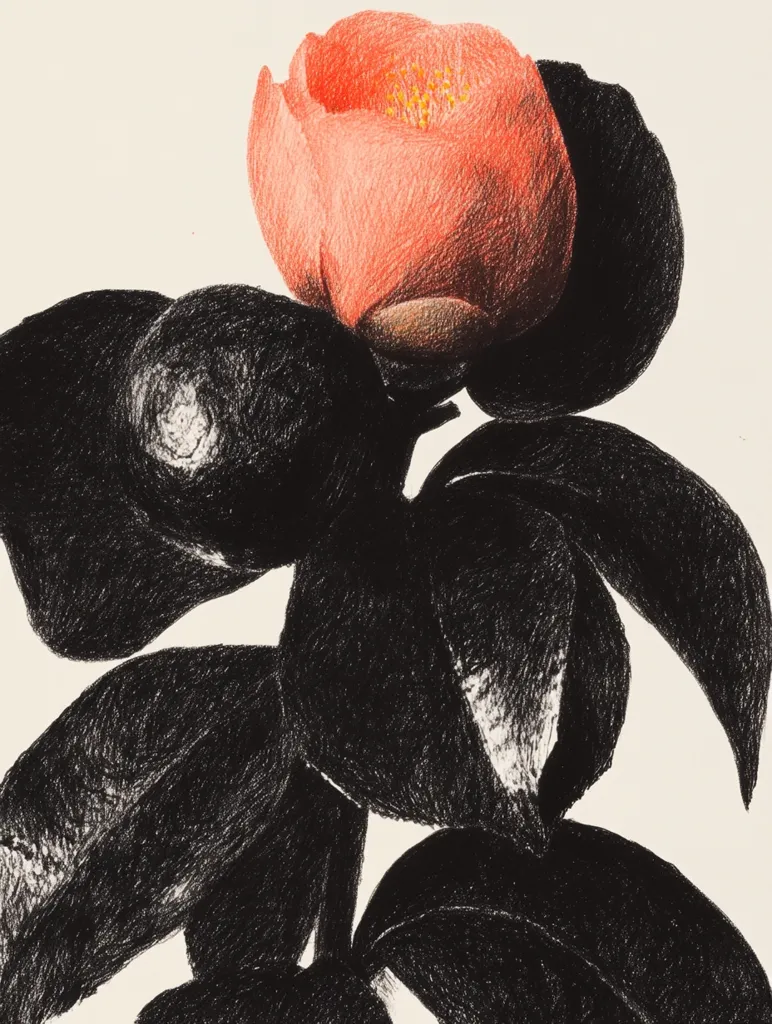 A detailed botanical illustration showcases a single, light coral camellia blossom against a backdrop of deeply shadowed, dark leaves.  The artist employs a hatched drawing technique, creating a textural contrast between the smooth petals and the rough, almost charcoal-like leaves.  The composition is simple yet striking, emphasizing the flower's delicate beauty.