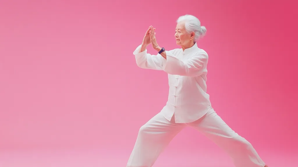 An elderly woman with gray hair, pulled back in a bun, performs a Tai Chi pose against a vibrant pink background.  She's dressed in a pristine white traditional Chinese martial arts outfit.  Her posture is serene and focused, hands held in a graceful position as she maintains balance.  The image evokes a sense of calm and mindful movement.