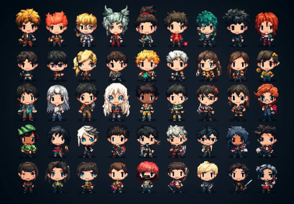 A grid showcases a diverse collection of 48 pixel art character sprites.  Each character boasts unique hairstyles, outfits, and skin tones, exhibiting a variety of fantasy-inspired designs. The sprites are uniformly sized and arranged neatly, creating a visually appealing and organized display. The dark background accentuates the vibrant colors of the characters.