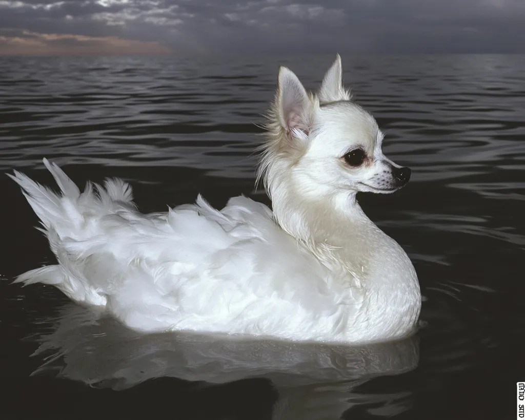 A white long-haired chihuahua, seemingly photoshopped onto a swan's body, gracefully floats on dark water.  The juxtaposition of the dog's head and the swan's plumage creates a surreal and whimsical image. The dark, moody background emphasizes the bright white of the creature. The overall effect is artistic and slightly humorous.