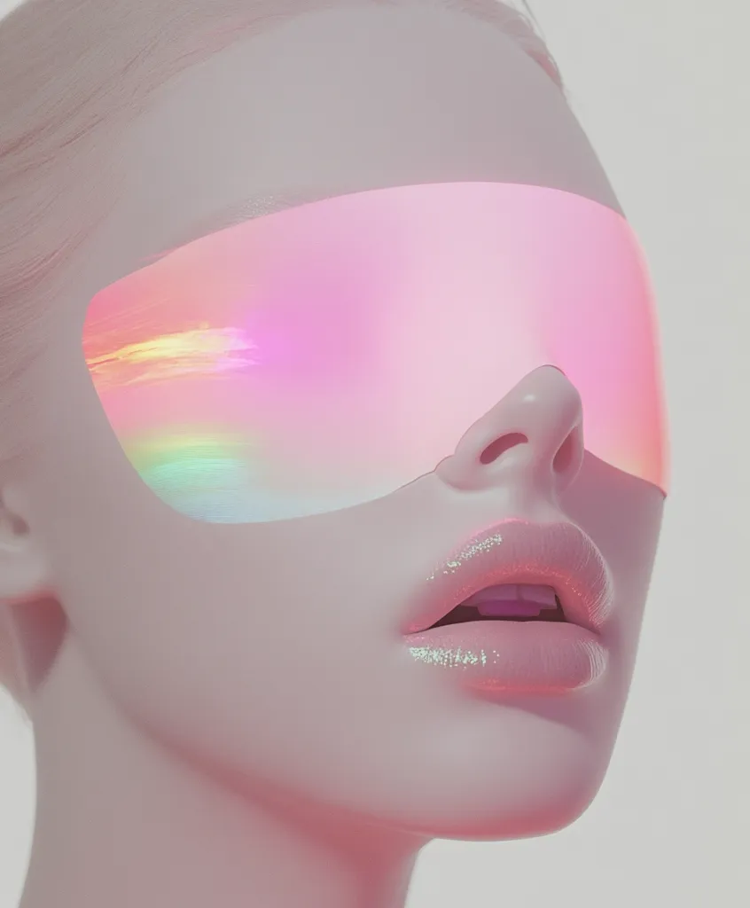 A close-up, stylized portrait of a woman's face.  She wears a pastel pink visor-like device that reflects a rainbow-like sheen.  Her skin is smooth and pale, and her lips are full and glossy. The overall aesthetic is futuristic and ethereal, with soft lighting and a dreamy quality. The image evokes a sense of serene otherworldliness.
