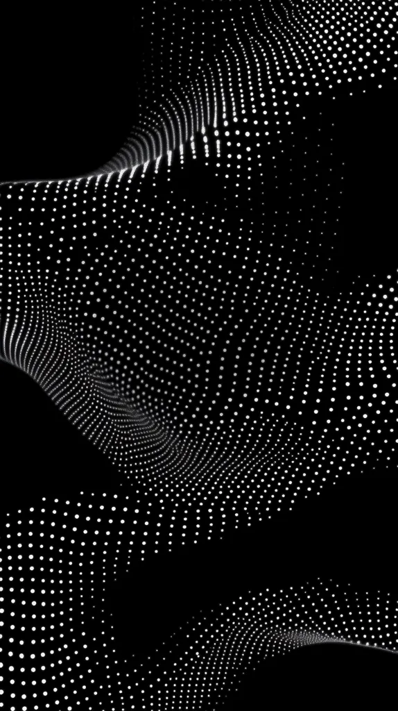 The image shows an abstract design featuring white dots on a black background. The dots are arranged in wavy, flowing patterns, creating a sense of movement and depth. The overall effect is reminiscent of a digital or technological aesthetic, suggesting data streams or particle effects.  The contrast between black and white is stark, and the design has a futuristic feel.