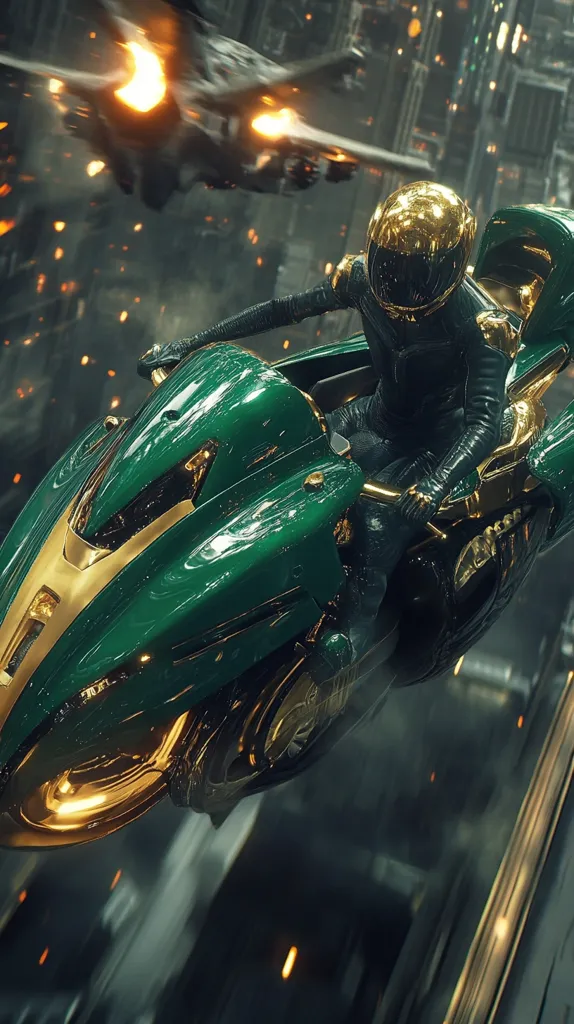 A futuristic motorcyclist speeds through a cyberpunk city, their sleek, emerald green and gold bike gleaming.  A blurry spaceship fires in the background, adding to the dynamic, high-speed action. The scene is rendered in stunning detail, emphasizing the vehicle's polished surfaces and the city's dense, metallic architecture. The rider's golden helmet reflects the surrounding lights.