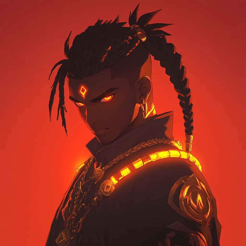 A stylized portrait of a young Black man with glowing red eyes and intricate dreadlocks styled in a braid. He's adorned with a glowing orange necklace and shoulder piece, and a diamond-shaped marking on his forehead.  His dark clothing and intense gaze create a powerful and mysterious aura against the vibrant red background.  The artwork is sharp and detailed, showcasing a blend of anime and fantasy elements.