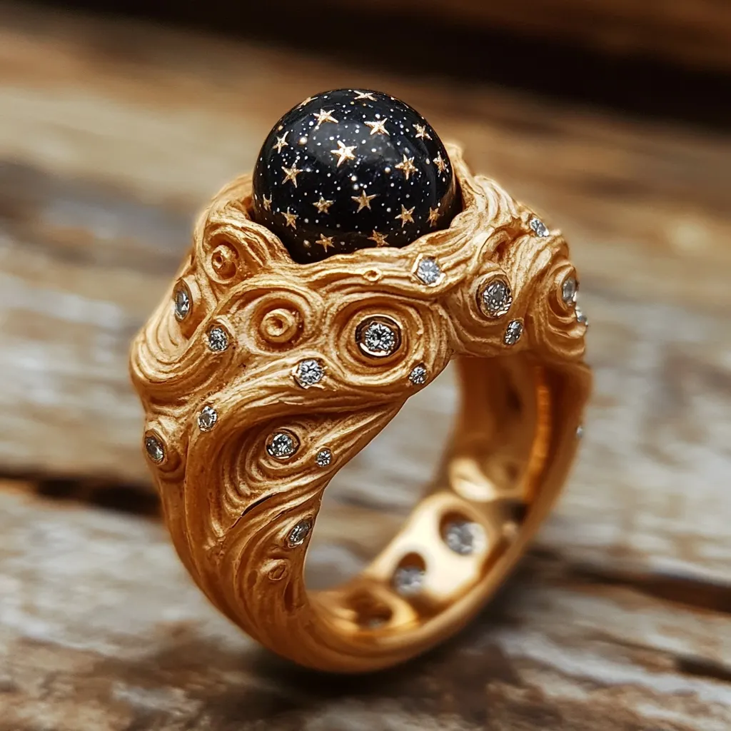 A mesmerizing gold ring features a dark, star-studded sphere nestled within a swirling, textured band.  The organic, almost wood-like design is embellished with small, sparkling diamonds scattered throughout. The ring's unique craftsmanship creates a captivating piece of jewelry, evoking a celestial or cosmic theme.  The gold's warm tone contrasts beautifully with the dark stone and bright diamonds.