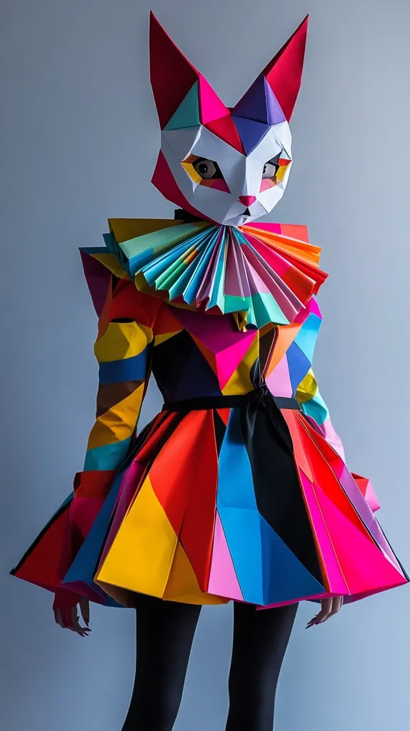 A vibrant, geometrically designed outfit is showcased.  The ensemble features a striking cat-shaped mask and a colorful, pleated dress crafted from seemingly folded paper or fabric.  The dress is predominantly red, pink, blue, and yellow, forming sharp angular shapes.  The model's black tights and long, dark fingernails contrast the bold colors of the costume.  The overall style is modern and avant-garde.