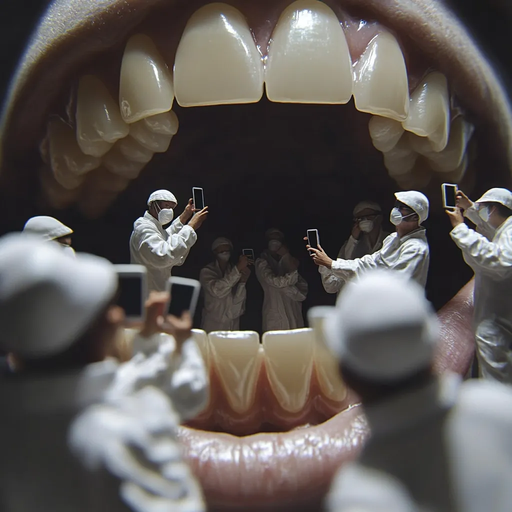 A surreal image depicts numerous miniature figures in white protective suits and face masks, positioned within a giant mouth.  They are taking photographs of each other with smartphones, creating a striking contrast between the scale of the figures and the immense, looming teeth. The scene suggests themes of vulnerability, surveillance, or the overwhelming nature of modern technology and social media.