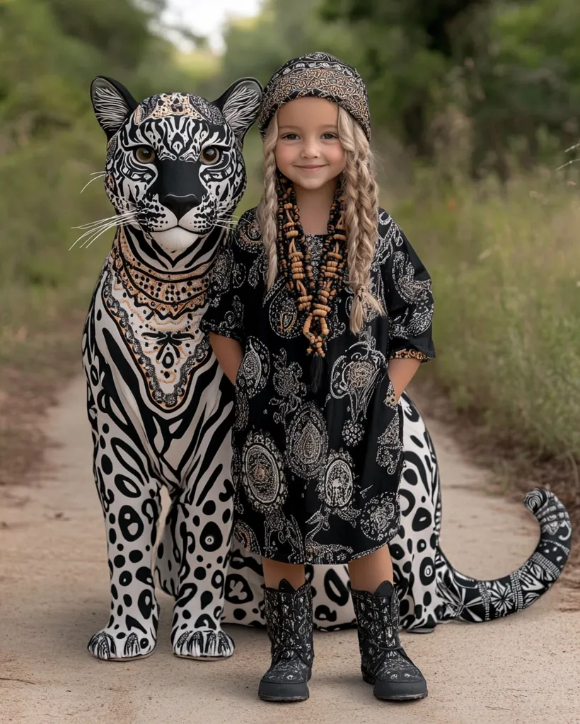A young girl in a black paisley dress and patterned headwrap stands beside a large, intricately painted jaguar statue.  The statue and the girl's clothing share a similar black and white design. She wears black boots and a beaded necklace, complementing her bohemian style. The scene is set on a rustic road, with a blurred natural background.