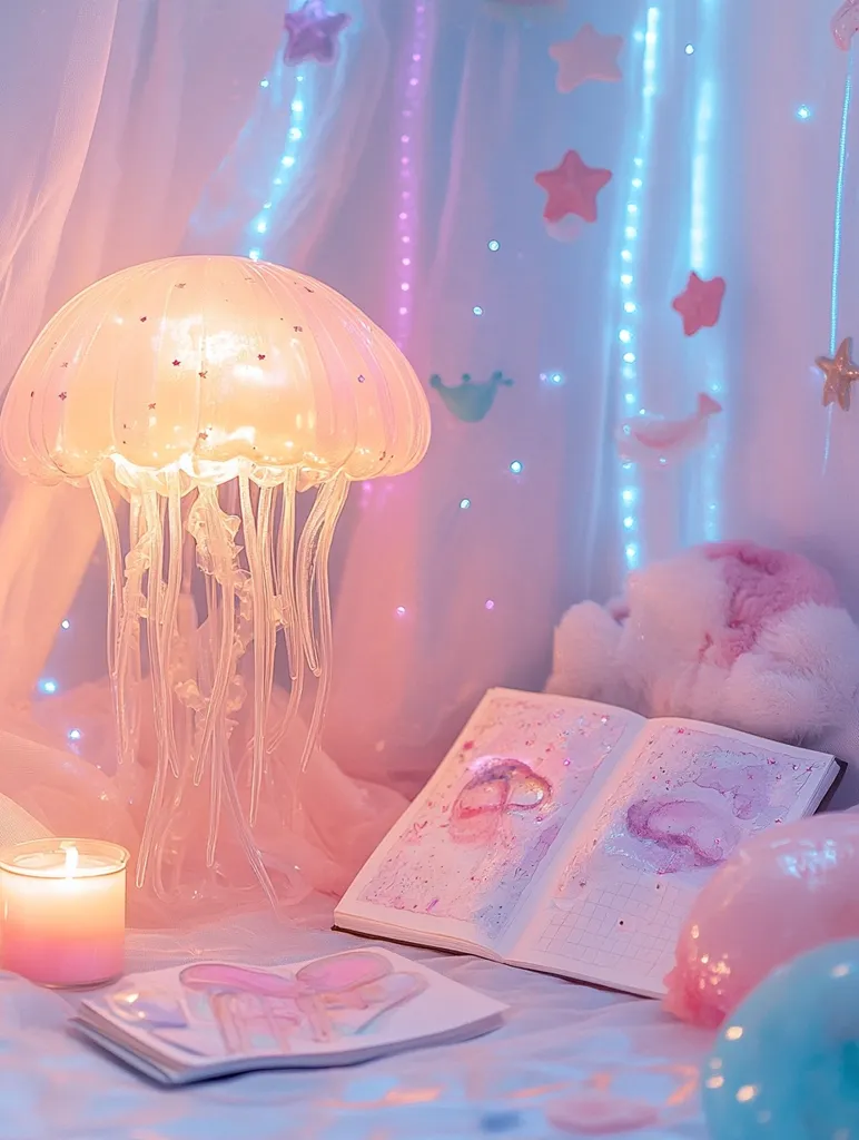 A whimsical scene features a glowing jellyfish lamp, casting a soft light on pastel-colored decorations.  Star shapes and whale ornaments adorn a sheer curtain backdrop, illuminated by soft blue and purple lights.  A notebook with delicate artwork rests beside the lamp, accompanied by a lit candle and fluffy pastel-colored toys. The overall aesthetic is dreamy and ethereal, reminiscent of a child's fantasy bedroom.