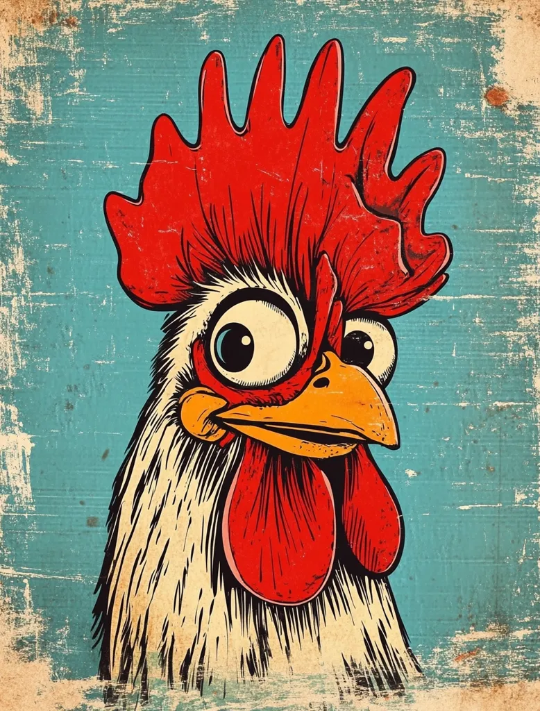 A whimsical illustration of a rooster's head against a distressed teal background.  The rooster boasts a large, vibrant red comb and wattle, and oversized, expressive eyes. Its white feathers are meticulously detailed, adding to its cartoonish charm. The vintage-style texture of the background enhances the artwork's quirky and playful nature.