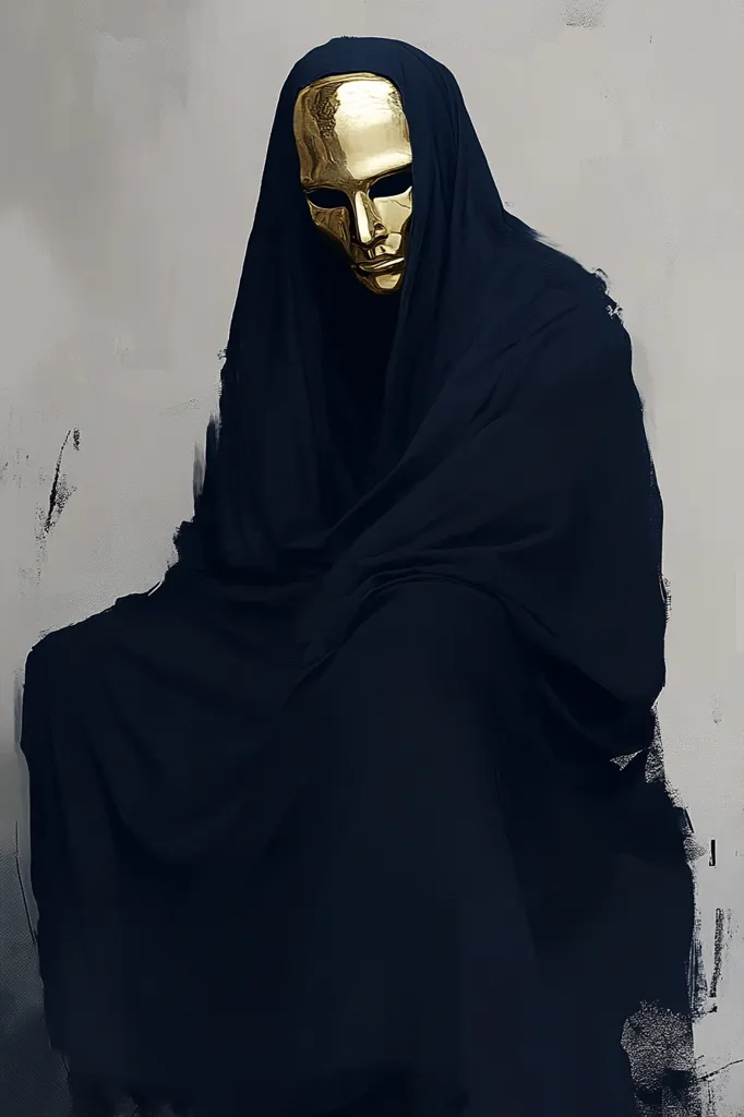 A figure is shrouded in a dark, flowing cloak, their face hidden behind a gleaming gold mask. The mask is a realistic human face, adding to the mysterious and enigmatic nature of the image.  The muted background emphasizes the figure's central position, creating a sense of isolation and contemplation. The overall mood is one of secrecy and quiet intensity.