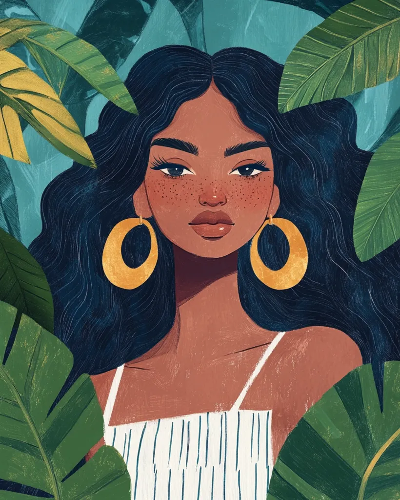 A stylized portrait of a woman with long, dark hair and freckled skin. She wears large gold hoop earrings and a simple white top. Lush tropical leaves frame her face, creating a vibrant and exotic atmosphere. The painting's style is reminiscent of modern illustration, with textured brushstrokes and a focus on rich color.  The overall mood is serene and captivating.