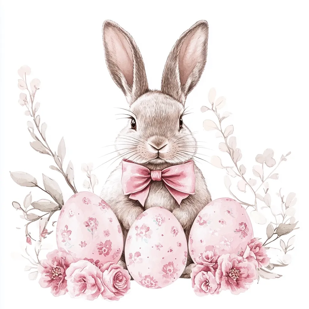 An adorable watercolor illustration features a fluffy gray bunny, adorned with a pink bow tie, nestled amongst delicately painted pink Easter eggs and blossoming roses.  Delicate gray-green branches frame the scene, creating a charming and elegant Easter image, perfect for cards or decorations. The pastel palette enhances the gentle and sweet aesthetic.