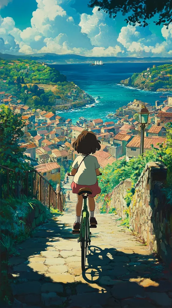 A young girl cycles down a sun-drenched cobblestone path overlooking a picturesque coastal town.  The vibrant scene showcases colorful buildings cascading down to a sparkling blue sea, with boats visible on the horizon.  The girl's shadow stretches long on the path, enhancing the idyllic, almost dreamlike quality of the illustration.   Lush green vegetation frames the scene, adding depth and tranquility.