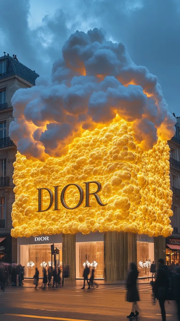 A Dior boutique in Paris is dramatically illuminated.  A large, glowing golden structure, resembling a cloud of light, envelops the storefront.  The Dior logo is prominently displayed.  Pedestrians stroll along the street, their figures slightly blurred, creating a sense of movement and atmosphere. The overall effect is one of luxurious extravagance and magical ambiance.