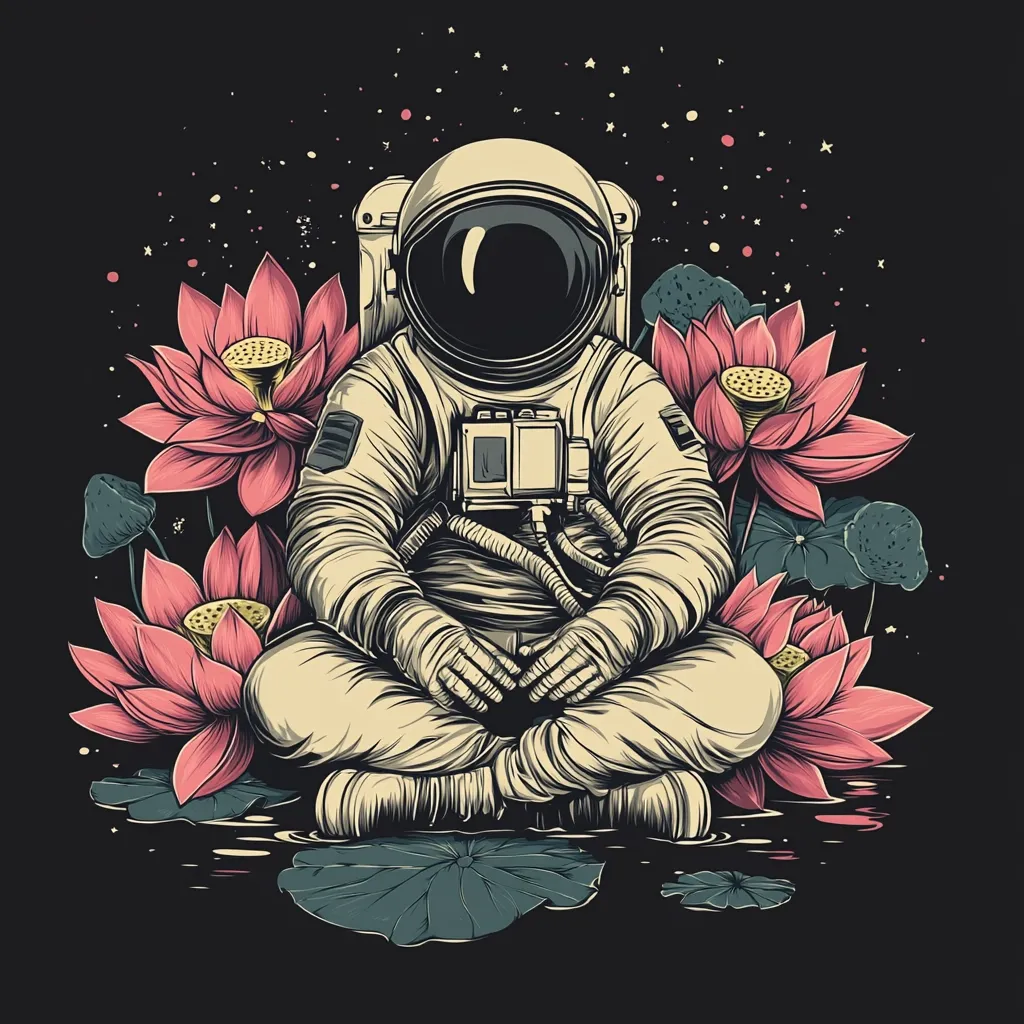 A stylized illustration depicts an astronaut in a meditative lotus pose amidst blooming pink lotuses and lily pads.  The astronaut's spacesuit is detailed, and the background features a dark space with scattered stars. The overall aesthetic is serene and blends elements of space exploration with nature's tranquility, creating a visually striking juxtaposition.  The color palette is muted and sophisticated.