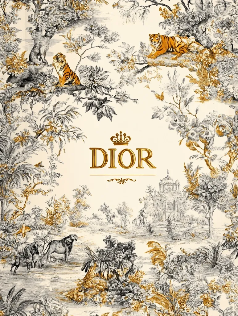 An elegant Dior design features a cream background adorned with a lush jungle scene.  Black and gold ink illustrations depict tigers, lions, and other wildlife amidst dense foliage and a grand building in the distance.  The Dior logo, crowned and in gold lettering, is prominently displayed at the center. The overall aesthetic is sophisticated and evocative of exotic landscapes.