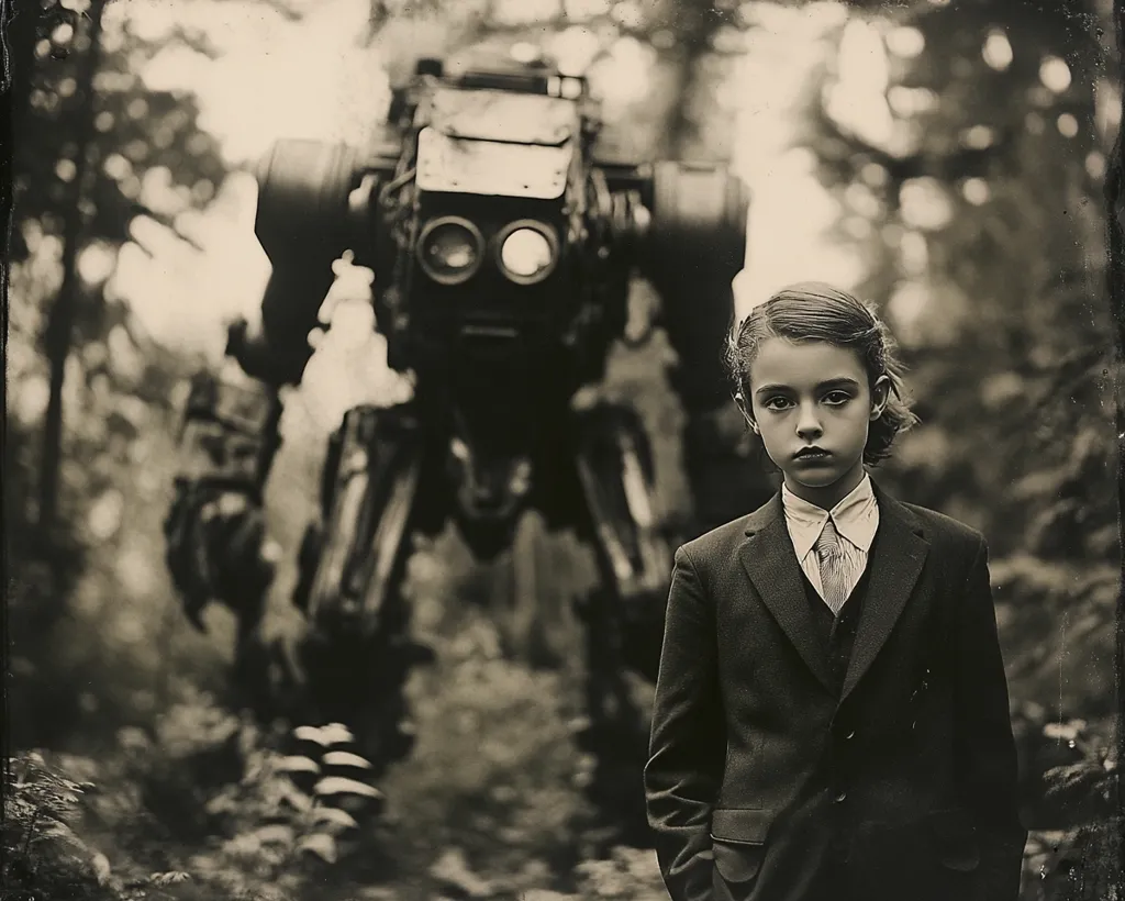 A sepia-toned photograph depicts a young girl, dressed in a suit, standing in a forest.  Behind her, slightly out of focus, looms a large, mechanical walker or automaton, its details obscured by the depth of field. The overall mood is one of mystery and perhaps a hint of unease, creating a striking juxtaposition between the child's innocence and the imposing machine. The image evokes a sense of a futuristic or dystopian setting.