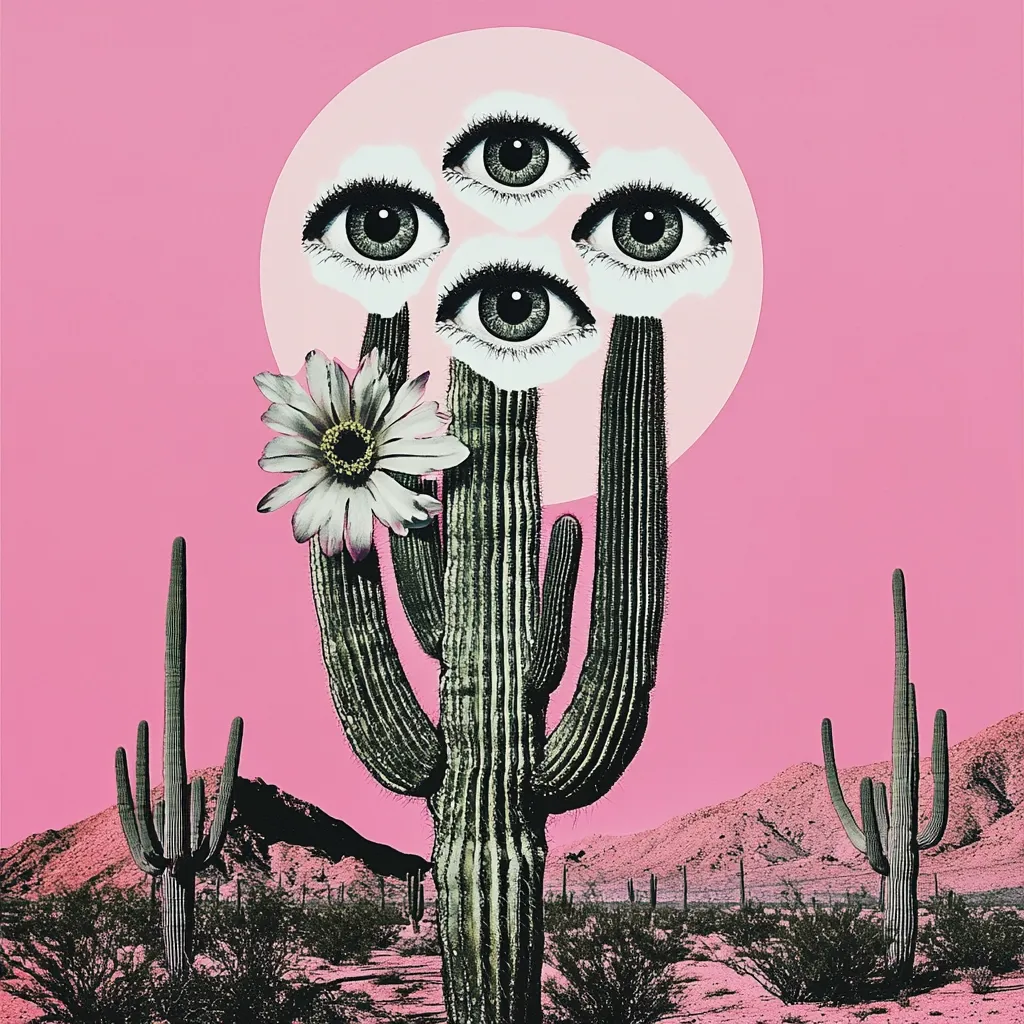 A surreal digital collage features a large saguaro cactus in a desert landscape against a pink sky.  Four eyes, each within a cloud-like shape, are positioned above the cactus, suggesting an otherworldly or mystical feel. A delicate white flower blooms on the cactus, adding a touch of fragility to the overall vibrant and somewhat unsettling scene. The style is bold and graphic.