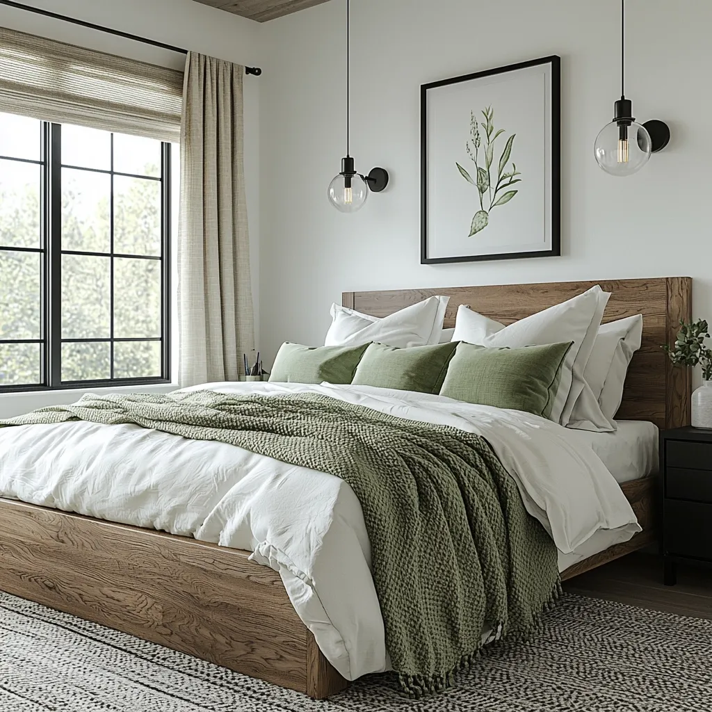 A serene bedroom features a wooden platform bed with crisp white linens and a sage green throw.  Two globe pendant lights hang on either side of a botanical print above the bed.  Natural light streams through a large window with linen curtains, completing the calming, minimalist aesthetic.  A patterned rug adds texture to the floor.