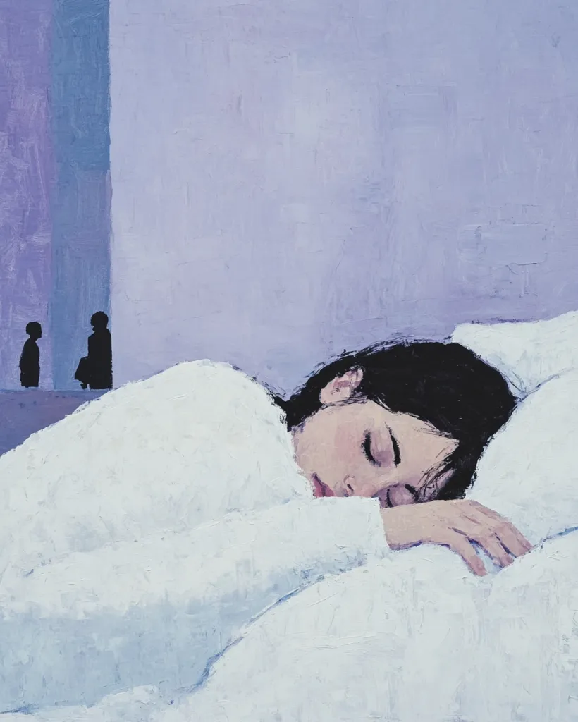 A painting depicts a young woman asleep in bed, curled on her side.  Her face is partially obscured by her dark hair and the white bedding. The background is a muted lavender, with two indistinct figures silhouetted in the far distance, adding a sense of quiet solitude to the scene.  The impasto technique gives the painting a textured, dreamlike quality.