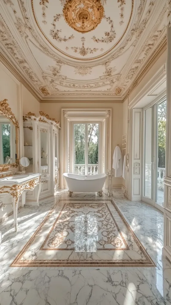 A luxurious bathroom features a freestanding white bathtub, ornate gold-accented cabinetry, and a marble floor with an inlaid design.  The room boasts high ceilings with intricate plasterwork and a gold centerpiece, complemented by large windows offering a view of lush greenery.  The overall aesthetic is opulent and classic, with a serene and elegant atmosphere.  Towels hang neatly on a heated towel rack.
