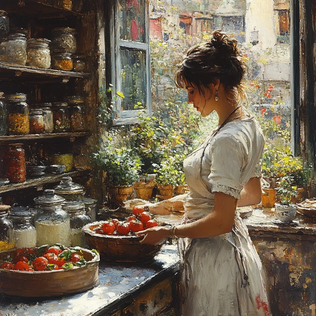 A woman, dressed in a white apron, stands in a sunlit kitchen by a window overflowing with potted herbs. She gently holds a wooden bowl brimming with ripe red tomatoes.  Shelves filled with jars of preserved goods line the walls, creating a warm, rustic atmosphere.  The scene evokes a feeling of tranquility and simple domesticity.