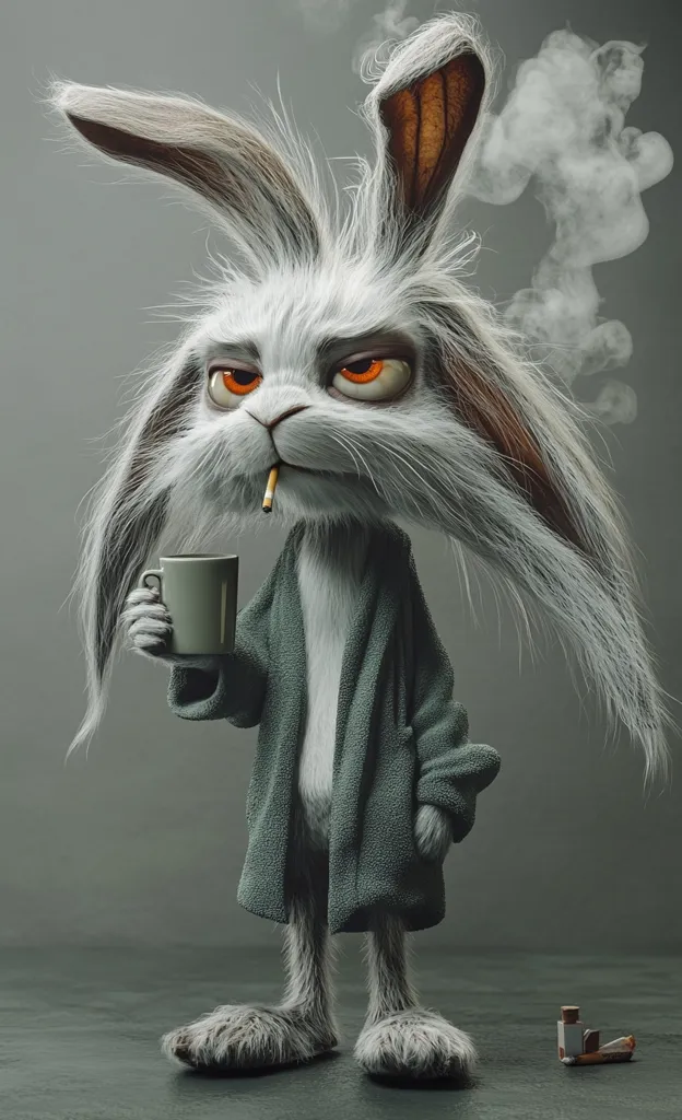 A grumpy-looking, anthropomorphic rabbit, clad in a green bathrobe, sits with a mug in one hand and a cigarette in the other.  The rabbit has long, fluffy fur and expressive orange eyes.  Smoke curls around it, adding to the overall mood of weariness. A small box of matches lies on the floor nearby. The scene is rendered in realistic 3D style.