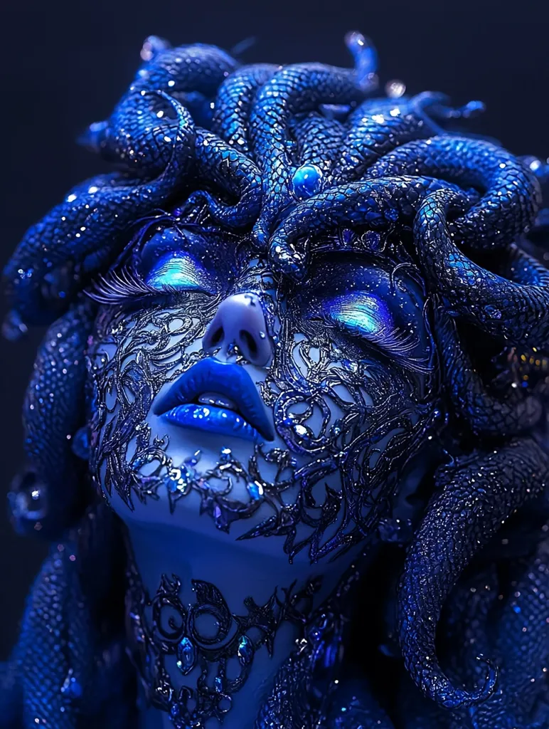 A captivating portrait of a woman, styled as Medusa, the Gorgon of Greek mythology.  Her head is adorned with a crown of intricately detailed, dark blue snakes.  Her face is partially masked by a delicate, dark lace-like design, shimmering with blue highlights.  The overall aesthetic is dark, dramatic, and fantastical, enhanced by the deep blue tones and glowing makeup.