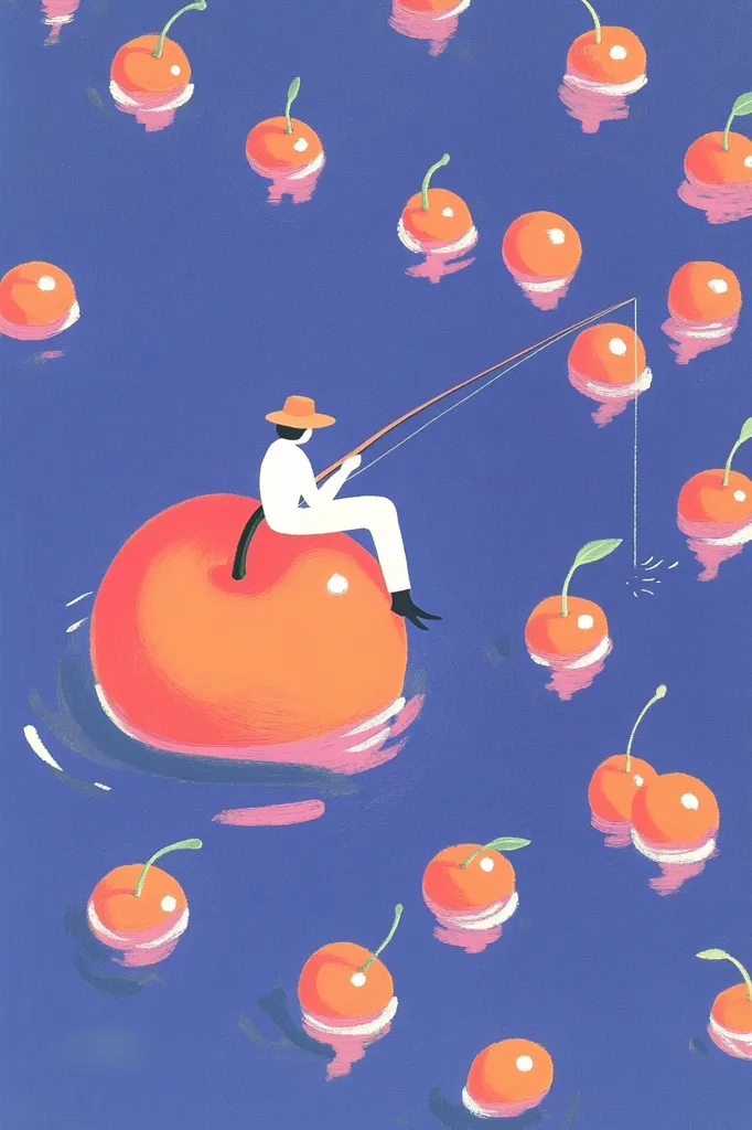 A whimsical illustration depicts a person in a hat sitting on a giant cherry, fishing in a sea of smaller cherries.  The scene is set against a vibrant blue backdrop.  The style is simplistic, with bold colors and smooth lines, creating a surreal and playful atmosphere. The fisherman's rod is extended towards a nearby cherry, suggesting a lighthearted and imaginative narrative.