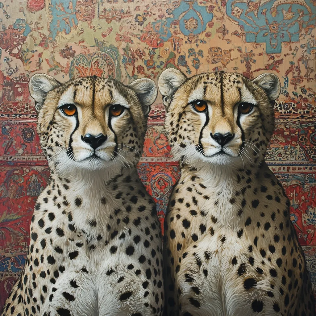 Two cheetahs are depicted in a painting, positioned side by side against a backdrop of a richly detailed, antique Persian rug.  The cheetahs are rendered with meticulous detail, showcasing their spotted coats and intense gazes.  The contrast between the vibrant rug and the sleek felines creates a striking visual effect. The artwork suggests a sense of elegance and quiet dignity.